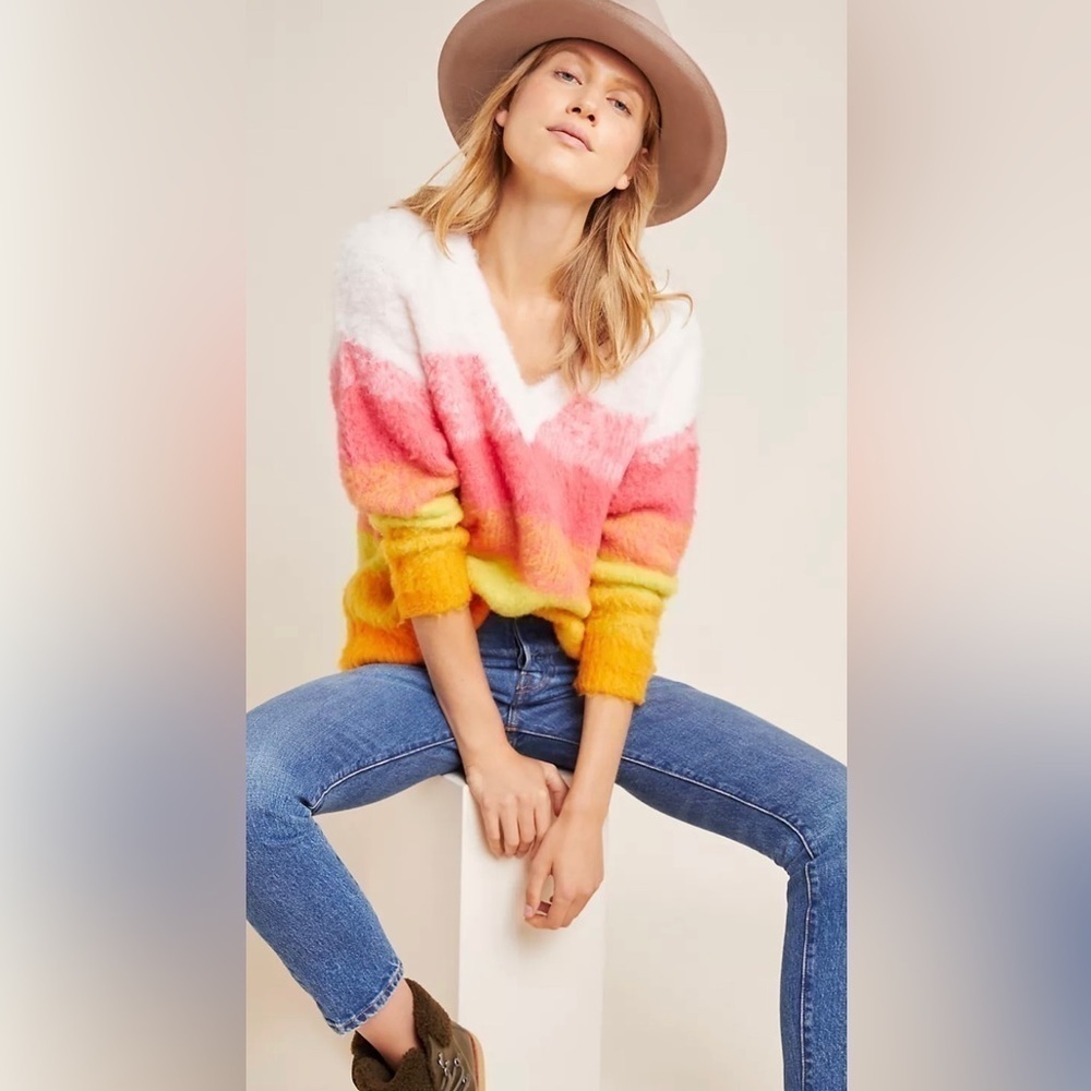 Anthropologie Simone‎ Striped Wool Blend Fuzzy Knit Pullover Sweater XS Rainbow